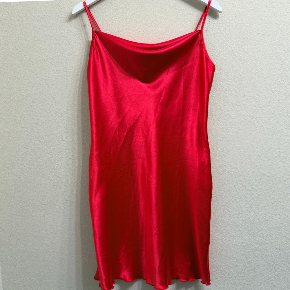 Bebe Red Satin Mini Slip Dress Womens Size Medium Cowl Neck Feminine